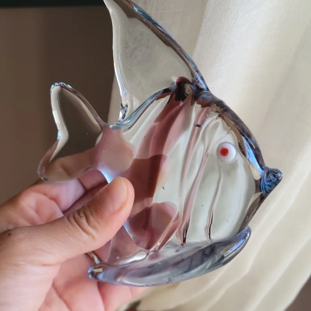 Murano-Style Art Glass Clear Blue Fish Paperweight Red-Eyed Accent